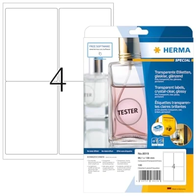 Abbildung von HERMA 8019 Wetterfeste Folienetiketten transparent, 25 Blatt, 99,1 x 139 mm, 4 pro A4 Bogen, 100 Stück, selbstklebend, bedruckbar, glänzend, blanko Klebeetiketten Aufkleber aus Folie, durchsichtig