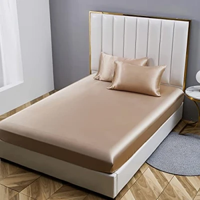 Abbildung von Damier Spannbettlaken 90x200cm Beige Satin Seide Glänzend Bettlaken Hochwertiges Deluxe Unifarben Spannbetttuch, geeignet für Matratzen bis 30cm
