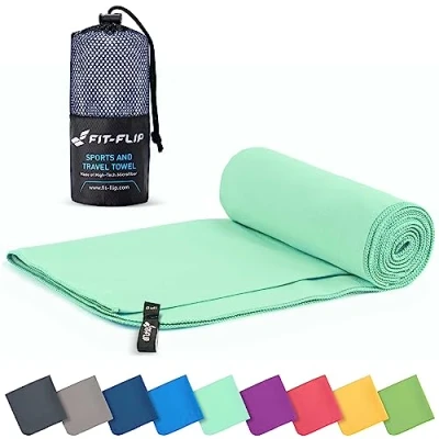 Abbildung von Fit Flip Mikrofaser Handtuch kompakte Microfaser Handtücher ideal als Sporthandtuch, Reisehandtuch, Strandtuch schnelltrocknend und leicht Badetuch groß (60x120cm, Türkis)