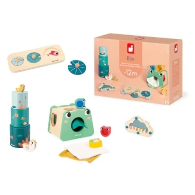 Abbildung von Janod Baby Spielbox 1 Jahr Lernspielzeuge inkl. Puzzle zur Förderung der Motorik Sensorisches Babyspiel Frühförderung von Babys Formsortierer Kinderspielzeug ab J04063