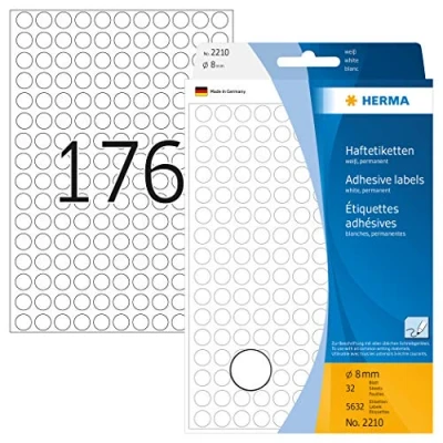 Abbildung von HERMA 2210 Punktaufkleber Klebepunkte weiß, 5632 Stück, Ø 8 mm, 176 pro Bogen, selbstklebend, Markierungspunkte für Kalender Planer Basteln, matt, blanko Papier Farbpunkte Aufkleber
