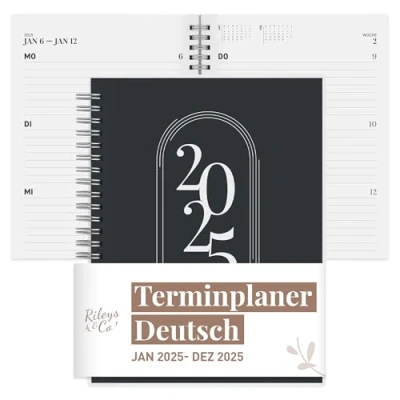 Abbildung von Rileys &amp; Co 2025 Planer Monatlicher und Wöchentlicher Agenda Planer, Flexibler Einband, Doppelspiralbindung, Notizseiten, 20,3 x 15,2 cm (8 6 Zoll), Schwarz auf Deutsch