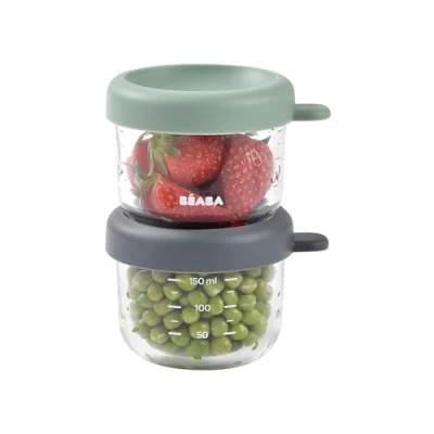 Abbildung von BEABA, 2er Set Glas Portionsbehälter zur Aufbewahrung von Babynahrung/festes Glas, 100% luftdicht, hitzebeständig, kältebeständig, gefrierfest, sterilisierbar, graduiert, 150 ml, Salbeigrün/Mineral