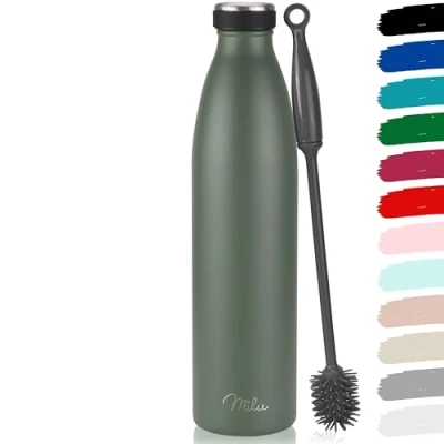 Abbildung von Milu Edelstahl Trinkflasche 350ml, 500ml, 750ml, 1L, 1.5L Thermosflasche, Isolierte Wasserflasche, Auslaufsichere Isolierflasche doppelwandig, Kohlensäure geeignet + Reinigungsbürste (Olivgrün, 1.5L)