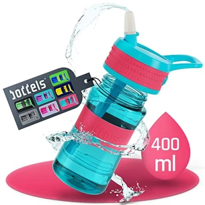 Abbildung von boddels Kinder Trinkflasche mit Strohhalm und rutschfestem Griff 400 ml auslaufsicher, bruchsicher Wasserflasche Kindergarten, Schule, Sport Kindertrinkflasche BPA frei