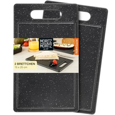 Abbildung von Moritz &amp; 2x Schneidebretter Kunststoff mit Saftrille in Granit Optik 25 x 15 cm BPA frei Frühstücksbrettchen Schneidebrett Set hygienisch und spülmaschinenfest