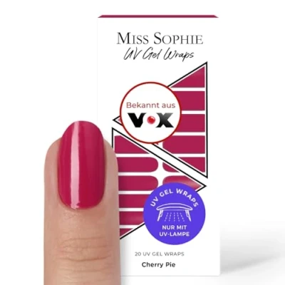 Abbildung von Original Miss Sophie UV Gel Nagelfolien I 20 ultra dünne Nagellack Streifen Cherry Pie Hält auf Natur sowie lackierten, Acryl , &amp; Shellac Nägeln