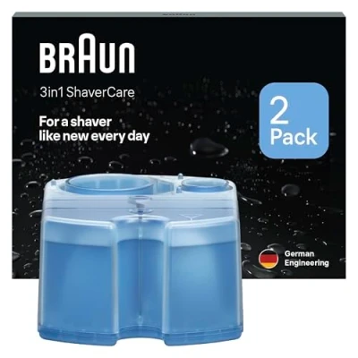 Abbildung von Braun 3 in 1 ShaverCare Reinigungskartuschen für Reinigungsstationen ORIGINAL Kartuschen Reinigt Rasierer 10x besser als Wasser, Scherkopfreiniger, Entfernt Haare und Hautpartikel 2er Pack