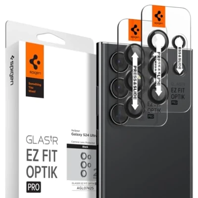 Abbildung von Spigen Glas.tR EZ Fit Optik Pro Kameraschutz kompatibel mit Samsung Galaxy S24 Ultra, 2 Stück, Titanium Black, Individuelle Kameraprotektion, Anti Kratzer, 9H Härte Folie