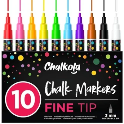 Abbildung von Chalkola Kreidestifte für Tafel Abwaschbar, 10 Neon 3mm Umkehrbare Spitze Kreide Stift Fenster, Tafel, Whiteboard &amp; als Glasstift Chalk markers Erwachsene Kinder