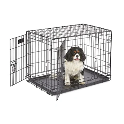 Abbildung von MidWest Homes for Pets iCrate Modell 1530 Hundebox, ca. 76 cm lang, mit Doppeltür, auslaufsicherer Bodenwanne, Bodenschutzfüßen, Trenneinsatz und patentierten Funktionen, schwarz