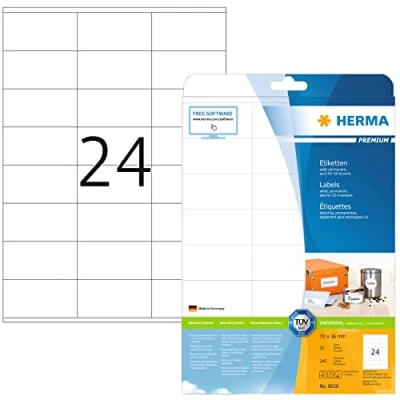 Abbildung von HERMA 8638 Adressetiketten, 10 Blatt, 70 x 36 mm, 24 pro A4 Bogen, 240 Stück, selbstklebend, bedruckbar, matt, blanko Papier Adressaufkleber Etiketten, weiß
