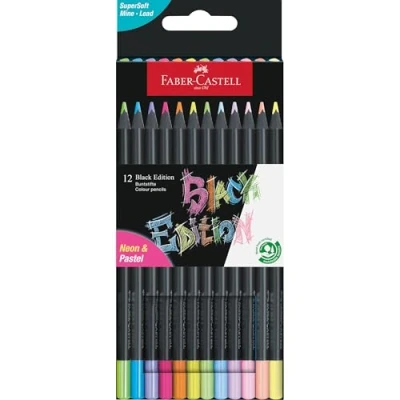 Abbildung von Faber Castell 116410 Black Edition Buntstifte Neon &amp; Pastell 12er Box, Lebendige Buntstifte, Bruchsichere Kunststifte mit ergonomischem Griff, Malstifte für helles und dunkles Papier