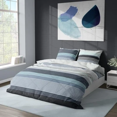 Abbildung von DILIOS Premium Bettwäsche 135x200 100% Baumwolle Atmungsaktive, Renforcé, mit Reißverschluss, Türkisblau/Grau Gestreift, 2 teilig, Set, Bettbezug + Kissenbezug