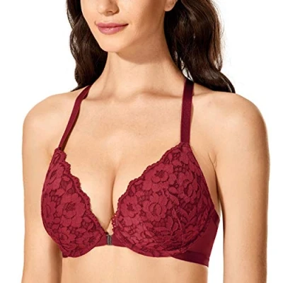 Abbildung von DOBREVA Damen Vorderverschluss BH mit Bügel Push Up Spitzen Neckholder BHS Racerback Tiefer Ausschnitt Gepolsterter Cerise 80A