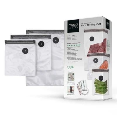 Abbildung von CASO Vacu ZIP Bags Set 20 Folienbeutel in 3 verschiedenen Größen, besonders stark und reißfest (150 μm), wiederverwendbar, SousVide, inkl. 2 Locker 4 Bögen Food Manager Sticker