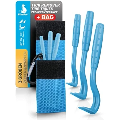 Abbildung von BluePet 3er Set Zeckenhaken für Hunde, Katze, Pferd &amp; Mensch Zeckenzangen mit Tasche Zeckenhebel als bewährter Zeckenentferner I Alternative zu Zeckenpinzette, Zeckendreher Zeckenmittel