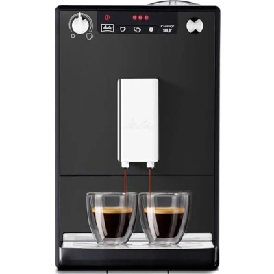 Abbildung von Melitta Solo Kaffeevollautomat mit höhenverstellbarem Auslauf, kleine Kaffeemaschine abnehmbarem Wassertank, für z. B. Espresso oder Café Crème, matt schwarz