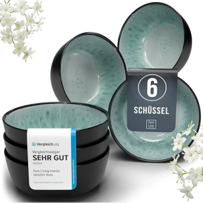 Abbildung von Steingut Müslischalen 6 Pers. Ibiza Hochwertiges Mediterranes TEST SEHR GUT Müsli Schüssel Set, spülmaschinen , mikrowellen und Kratzfest Kleine Schüsseln, Müslischale Pure Living in Salbeigrün