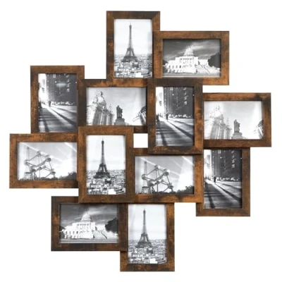 Abbildung von SONGMICS Bilderrahmen RPF022X01 für 12 Fotos 10,2 x 15,2 cm Wandmontage und Montage erforderlich Glas MDF Holz Rahmen Rustikal Braun