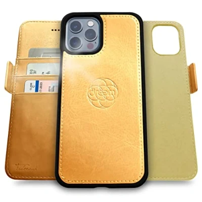 Abbildung von Dreem Fibonacci kompatibel mit iPhone 13 Pro Brieftaschen Etui / 2 in 1 stoßfestes und abnehmbares Folio aus veganem Leder, MagSafe kompatibel, RFID Schutz [Gold]
