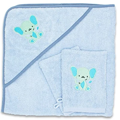 Abbildung von Baby Kapuzenhandtuch im Set mit 2 Waschlappen Oeko Tex Standart 100 Zertifiziert. Badetuch aus weichem Frottee. Erstausstattung Babyhandtuch Kapuze 80 x cm