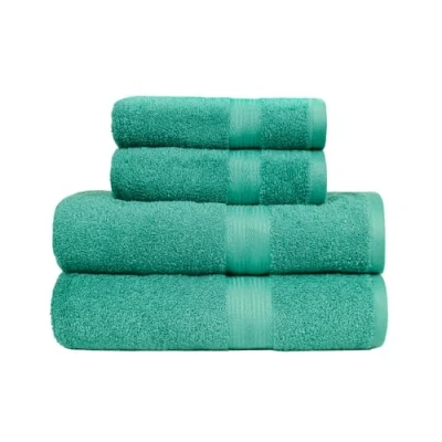 Abbildung von Amazon Basics 4 Stück Badetuch Set für Badezimmer, lichtbeständig, 100 % Baumwolle, weich und saugfähig, 2 Badetücher Handtücher, Blaugrün