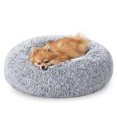 Abbildung von Feandrea Hundebett flauschig, Katzenbett, Donut Kissen, waschbar, Polsterung in der Mitte herausnehmbar, Langer Plüsch, 60 cm Durchmesser, Ombré Grau PGW038G01