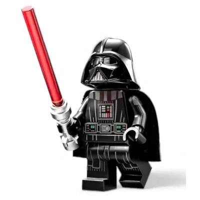 Abbildung von Lego Star Wars: Darth Vader Minifigur mit Lichtschwert und extra schwarzem Umhang