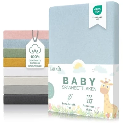 Abbildung von Laleni Premium Babybetttuch 70x140x15 cm Oeko TEX zertifiziert aus 100% Baumwolle Hellblau