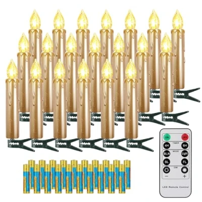 Abbildung von FREEPOWER 20er Gold LED Christbaumkerzen Kabellos mit Fernbedienung Timer Flackern Warmweiß Dimmbar, Innen Outdoor Wasserdicht, Weihnachtskerzen Weihnachtsbaum Beleuchtung（mit 20 Batterien）