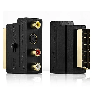 Abbildung von deleyCON Scart auf 3X Cinch Buchsen IN/Out Umschalter + S Video VHS AV Audio Adapter Schwarz