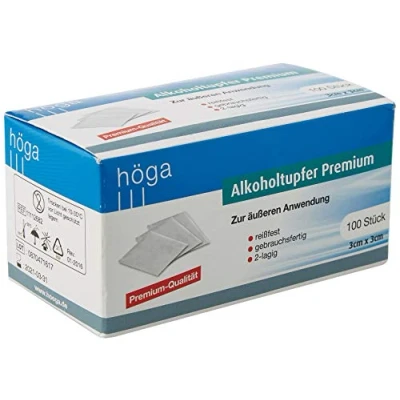 Abbildung von Höga Pharm Alkoholtupfer Premium, zur äußeren Anwendung, reißfest, gebrauchsfertig, 2 lagig, 1er Pack (1 x 100 Stück)