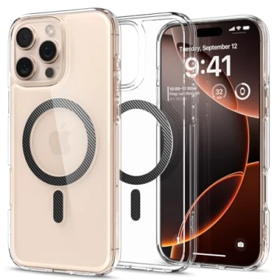 Abbildung von Spigen für iPhone 16 Pro Max Hülle [Anti Yellowing] Ultra Hybrid MagFit Case Handyhülle Transparent Dünn Slim Kompatibel mit MagSafe Carbon Fiber