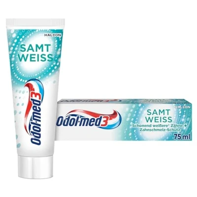 Abbildung von Odol med3 Samtweiss weiße zähne Zahnpasta, 75ml, Whitening zahncreme, Pearl Technologie sorgt schonend für langanhaltend weißere