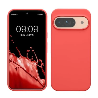 Abbildung von kwmobile Hülle kompatibel mit Google Pixel 9 / Pro Silikon Handy Case Handyhülle weiche Oberfläche kabelloses Laden Neon Koralle