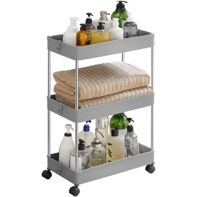 Abbildung von SONGMICS Rollwagen, Aufbewahrungswagen, rollendes Regal, 3 Ebenen, platzsparend, für Badezimmer, Küche, Büro, 40 x 22 60 cm, Grau KSC009G01
