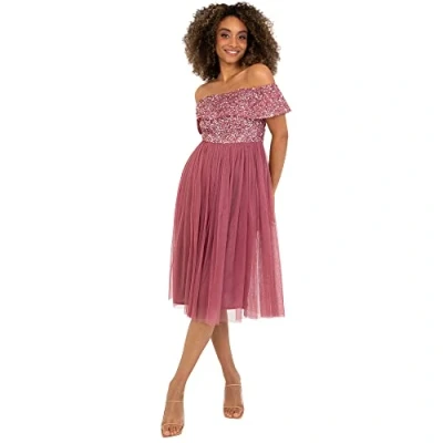 Abbildung von Maya Deluxe Damen Ladies Bardot Dresses For Women Midi High Empire Waist Sequins Embellished Formal Evenin Brautjungfernkleid, Desert Rose, 36 EU