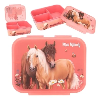 Abbildung von Depesche 12895 Miss Melody Flowers Brotdose in Altrosa, mit Pferde Motiv und Blumen, Lunchbox 3 Fächern transparentem Deckel, Rosa
