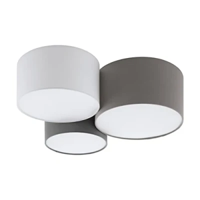 Abbildung von EGLO Deckenlampe Pastore, Textil Deckenleuchte mit 3 runden Lampenschirmen, Wohnzimmerlampe aus Metall und Stoff in Weiß, Braun Grau, E27 Fassung