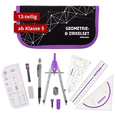Abbildung von DynaTech Zirkel Set Geometrieset 13 Teilig mit Schnellverstellzirkel, Geodreieck, Parabel, Bleistift, Lineal, Spitzer und Ersatzminen im Etui praktisches Mathematik inkl. Federmappe (Violett)