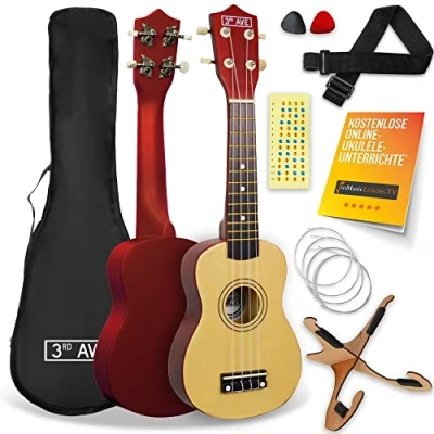 Abbildung von 3rd Avenue Sopran Ukulele mit 54 cm/21“, Anfängerset Tasche, Ständer, Gurt, Saiten, Plektren und Griffbrett Aufkleber in Natur KOSTENLOSE 1 monatige Online Lektionen