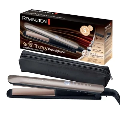 Abbildung von Remington Glätteisen Profi [Hitzeschutzsensor um Haarschäden zu verringern] Keratin Protect (hochwertige Keramikbeschichtung mit Mandelöl) Digitales Display, 160 230C, Haarglätter S8593