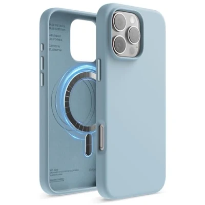 Abbildung von elago Magnetisch Silikon Hülle Kompatibel mit iPhone 16 Pro Max 6,9 Zoll, Allen MagSafe Zubehör Eingebaute Magnete, Soft Grip Silikon, Stoßfest (Himmelblau)