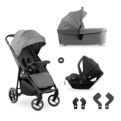 Abbildung von hauck 3in1 Kinderwagen Set Shop N Care Trio inkl. Buggy, Babywanne, Babyschale ab Geburt bis 22 kg, Klein Zusammenklappbar, Liegefunktion, Getränkehalter &amp; Tablett, UV Schutz 50+ (Grey)