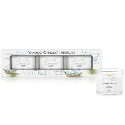 Abbildung von Yankee Candle Duftkerzen Geschenkset Votivkerzen mit Clean Cotton Soja Wachs Mix 3 Teile, Kleine Kerze im Glas, 1701402E
