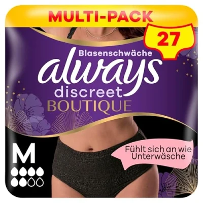 Abbildung von Always Discreet Boutique Inkontinenz Pants Gr. M (9 Höschen) für Damen, bei Blasenschwäche, absorbieren Gerüche und Feuchtigkeit, verhindern Auslaufen, schwarz (Verpackung kann variieren)