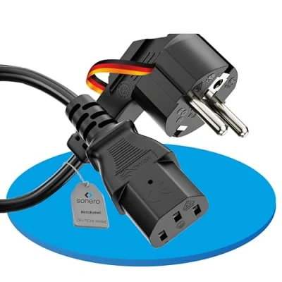 Abbildung von sonero Stromkabel Kaltgerätekabel 3 Polig, 1,0m, 90 Winkel Schutzkontakt Schuko Stecker Netzstecker auf Kaltgerätekupplung C13 Buchse, Netzkabel Netzteil Strom Kabel für Monitor PC Drucker, Schwarz