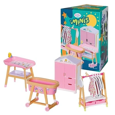 Abbildung von BABY born Minis Playset Möbelset mit Kleiderschrank, Kleiderstange, Stubenwagen und Wickeltisch, 906163 Zapf Creation
