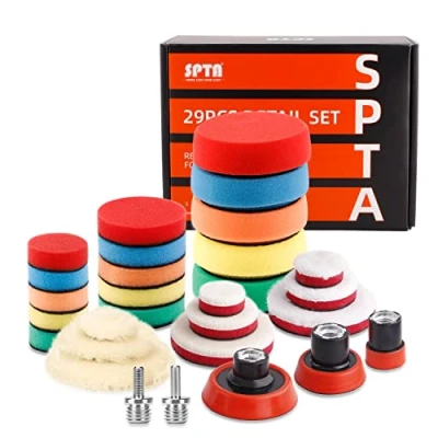 Abbildung von Mini Polierschwamm, Polierpad, SPTA 29tlg 25mm 50mm und 80mm Polierschwämme Auto Polierscheibe Detailing Polierschaum Polierfell Set M14 Adapter Bohren für Poliermaschine schleifmaschine HPM14WS123